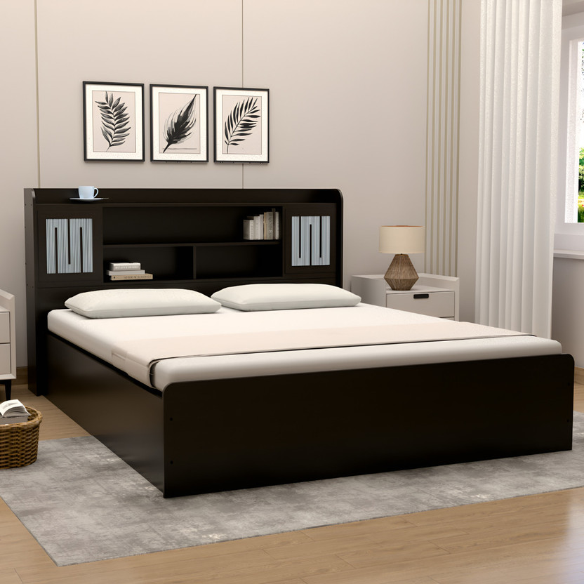 neuspace Amber Queen Size Bed with Headboard & Box Storage Engineered Wood|Polycarbonate| Engineered Wood Queen Box Bed, 221 cm x 163 cm (7.25 ft x 5.35 ft)(Finish Color - Wenge Polycarbonate, Delivery Condition - Knock Down)