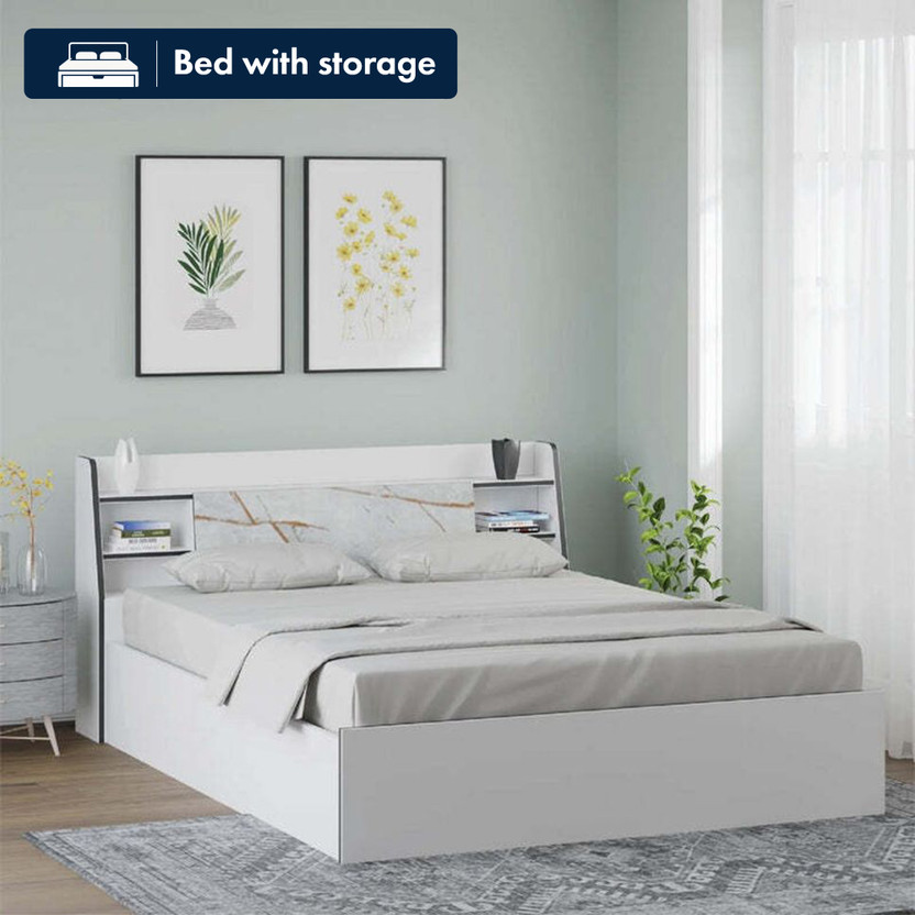 Nilkamal Marbito With Storage Engineered Wood Queen Box Bed, 224.8 cm x 160.4 cm (7.38 ft x 5.26 ft)(Finish Color - White, Delivery Condition - Knock Down)