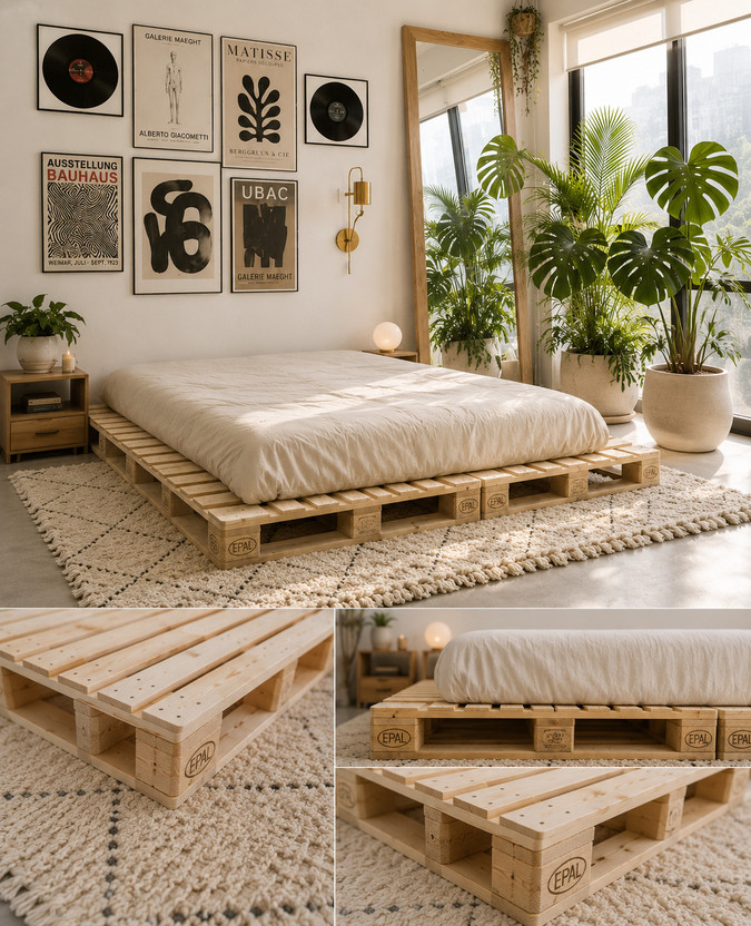 Wakeflow Elegant pallet platform 4x3 designed luxury, comfort,natural aesthetic bedroom Engineered Wood Double Bed, 122 cm x 92 cm (4.0 ft x 3.02 ft)(Finish Color - beige, Delivery Condition - DIY(Do-It-Yourself))