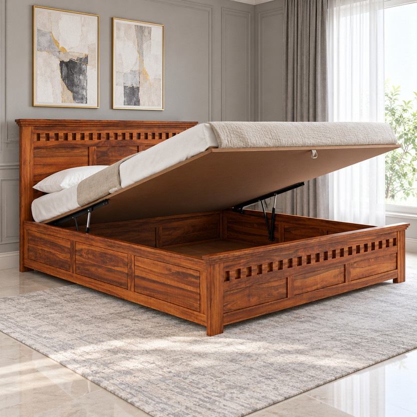 Ganpati Ganpati Arts Armania Sheesham Wood Bed/Cot With Hydraulic Storage | Bamboo King Hydraulic Bed, 209 cm x 198 cm (6.86 ft x 6.5 ft)(Finish Color - Natural Finish, Delivery Condition - Knock Down) - Flipkart Deal