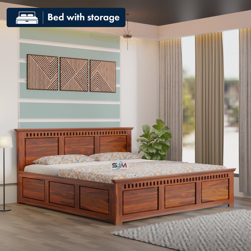 Shree Jeen Mata Enterprises Kuber Sheesham Wood Queen Size Box Storage Bed For Bedroom/ Living Room/ Hotel | Solid Wood Queen Box Bed, 205.74 cm x 157.48 cm (6.75 ft x 5.17 ft)(Finish Color - Honey Finish, Delivery Condition - DIY(Do-It-Yourself))