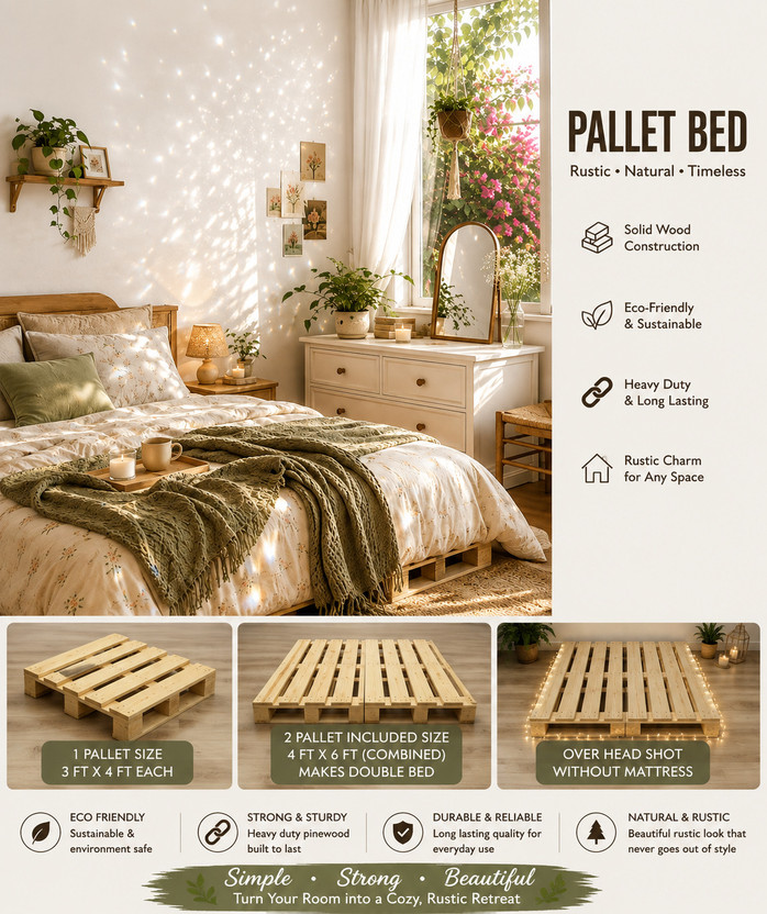 Wakeflow Nordic Solid Pine Wood Pallet Bed Minimalist Platform Floor Frame Natural Finish Solid Wood Double Bed, 122 cm x 92 cm (4.0 ft x 3.02 ft)(Finish Color - beige, Delivery Condition - DIY(Do-It-Yourself))