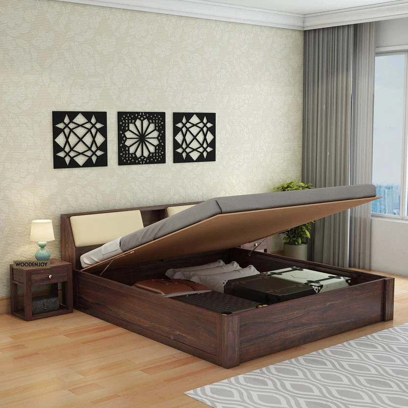 WOODENJOY Sheesham Wood King Bed/Wooden Bed With Hydraulic Storage/Wooden Palaung For Home Solid Wood King Hydraulic Bed, 205.74 cm x 187.96 cm (6.75 ft x 6.17 ft)(Finish Color - Walnut-HYD, Delivery Condition - DIY(Do-It-Yourself))