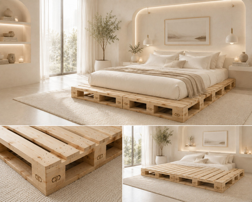 Wakeflow Elegant pallet platform 4x3 per pallet designed luxury, comfort bedroom Engineered Wood Double Bed, 183 cm x 122 cm (6.0 ft x 4.0 ft)(Finish Color - beige, Delivery Condition - DIY(Do-It-Yourself))