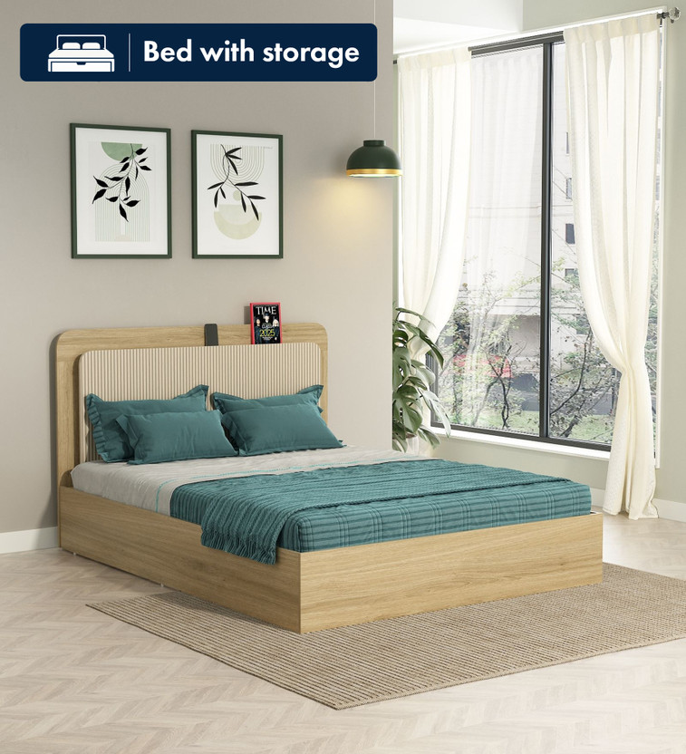 SPACEWOOD SERENE Engineered Wood King Box Bed, 209.6 cm x 187 cm (6.88 ft x 6.14 ft)(Finish Color - SANTANA OAK & BAMBOO FLUTE, Delivery Condition - Knock Down)