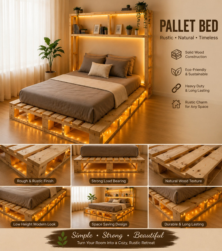 The lkea Contemporary Pallet Bed premium finish Engineered Wood Double Bed, 183 cm x 122 cm (6.0 ft x 4.0 ft)(Finish Color - lkea brown, Delivery Condition - DIY(Do-It-Yourself))