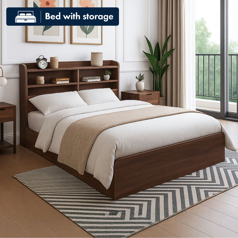 GUDSMITH BTC17P Engineered Wood Double Box Bed, 204 cm x 131 cm (6.69 ft x 4.3 ft)(Finish Color - Columbian walnut in walnut finish, Delivery Condition - Knock Down)