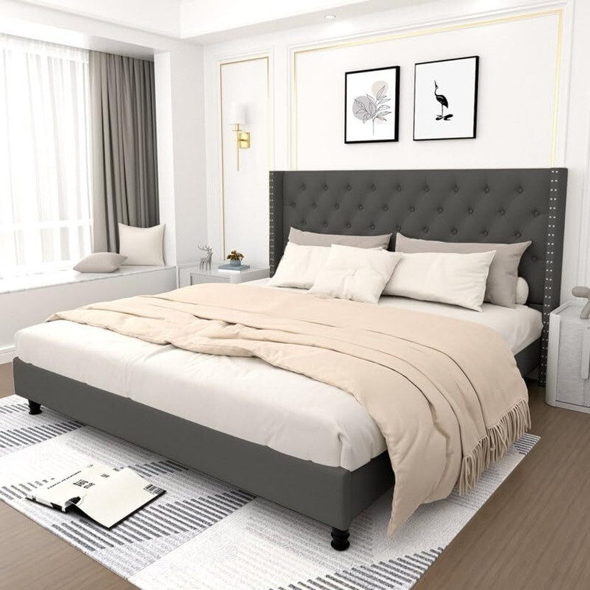 CRIGE Fabric King Size Bed For Hotel, Bedroom Engineered Wood King Bed, 211 cm x 190 cm (6.92 ft x 6.23 ft)(Finish Color - Grey Royal Finish, Delivery Condition - DIY(Do-It-Yourself))