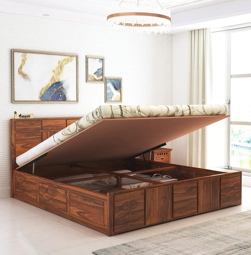 Ganpati Arts Sheesham Wood Scott Bed/Wooden Cot With Hydraulic Storage Bed For Bedroom/Home Solid Wood Queen Hydraulic Bed, 206 cm x 163 cm (6.76 ft x 5.35 ft)(Finish Color - Natural_HYD, Delivery Condition - DIY(Do-It-Yourself))