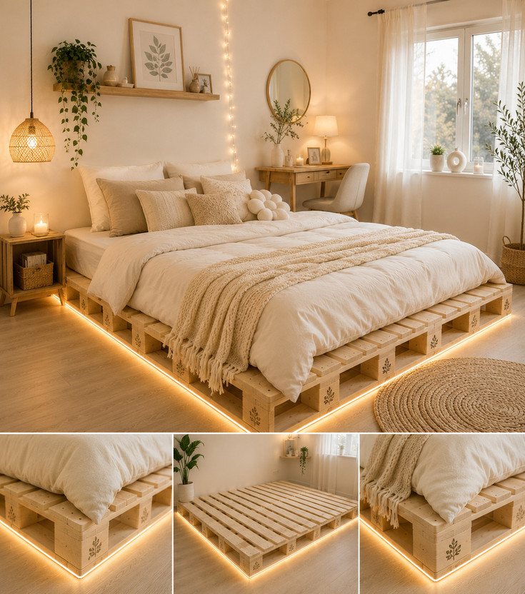 Wakeflow Elegant pallet platform 4x3 per pallet designed luxury, comfort bedroom Engineered Wood Double Bed, 183 cm x 122 cm (6.0 ft x 4.0 ft)(Finish Color - beige, Delivery Condition - DIY(Do-It-Yourself))