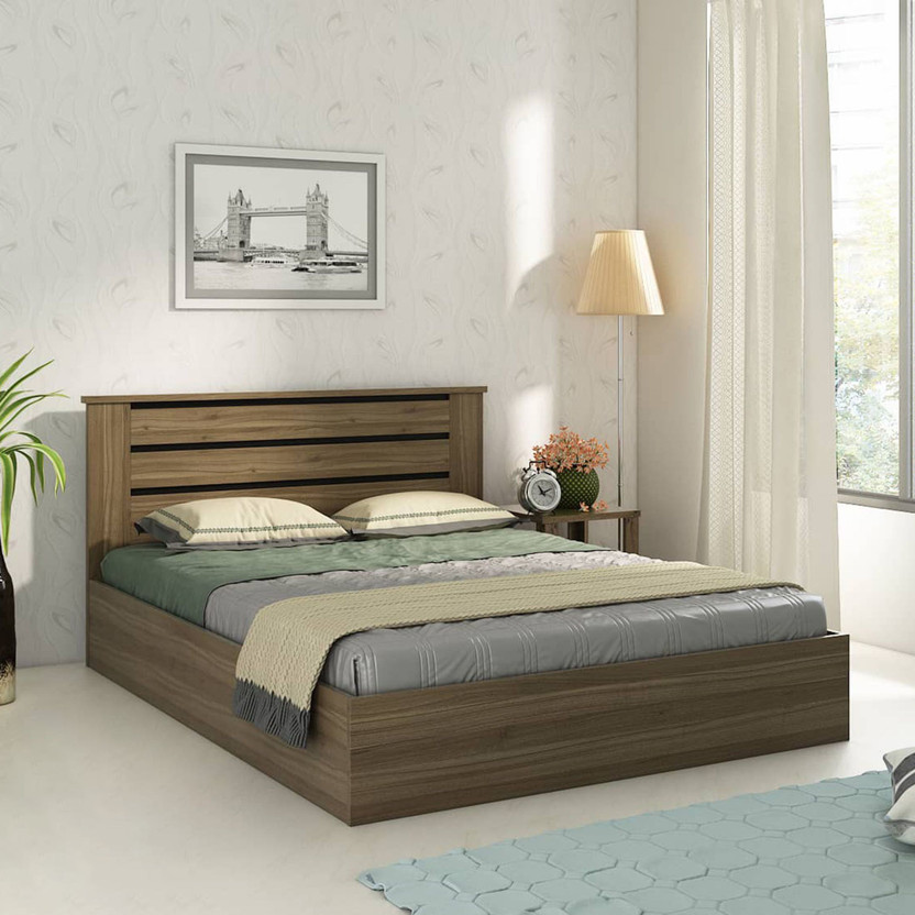 SPACEWOOD Engineered Wood Queen Box Bed, 205.5 cm x 160 cm (6.74 ft x 5.25 ft)(Finish Color - LYON WALNUT & NATURAL WENGE, Delivery Condition - Knock Down)