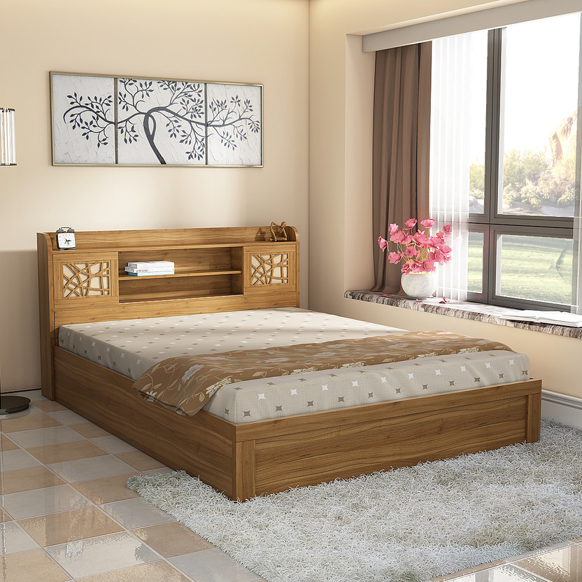 SPACEWOOD Engineered Wood King Box Bed, 221 cm x 189 cm (7.25 ft x 6.2 ft)(Finish Color - Natural Teak, Delivery Condition - Knock Down)