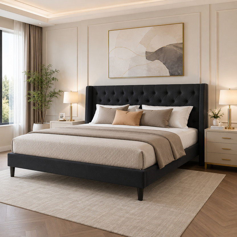 CRIGE Fabric King Size Bed For Hotel, Bedroom Engineered Wood King Bed, 211 cm x 190 cm (6.92 ft x 6.23 ft)(Finish Color - Black Chosen Finish, Delivery Condition - DIY(Do-It-Yourself))