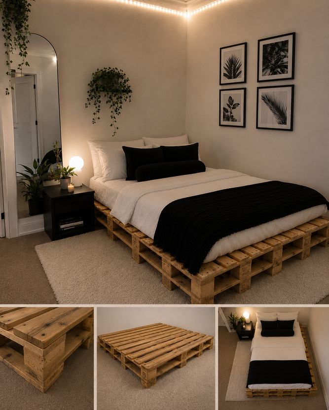 Wakeflow Nordic Solid Pine Wood Pallet Bed Minimalist Platform Floor Frame Natural Finish Solid Wood Double Bed, 122 cm x 92 cm (4.0 ft x 3.02 ft)(Finish Color - beige, Delivery Condition - DIY(Do-It-Yourself))