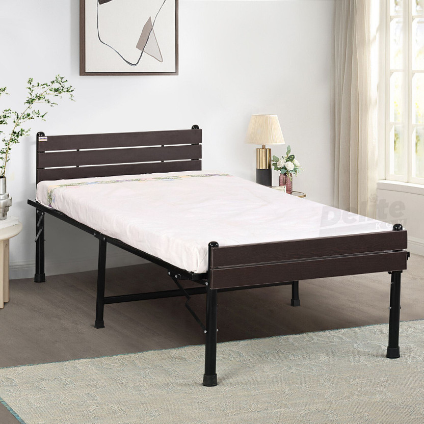 Delite Kom Astra Foldable Metal Sinlge Bed (6.7x3ft) with Engineered Wood Headboard, Strong Metal Single Bed, 204.5 cm x 92 cm (6.71 ft x 3.02 ft)(Finish Color - Black_Flowery Wenge, Delivery Condition - Pre-assembled)