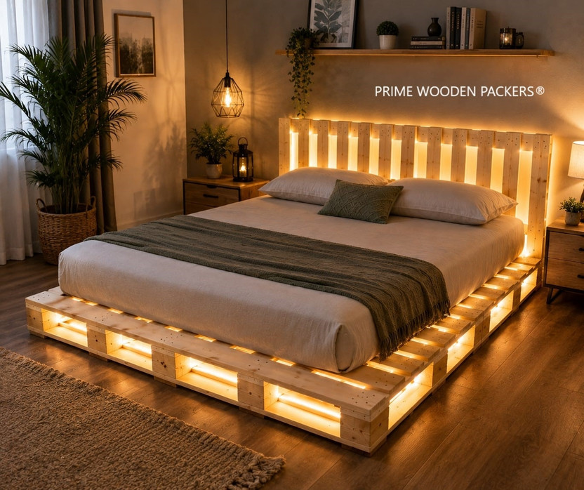 Prime Wooden Packers Bed Frame Engineered Wood Queen Bed, 182.88 cm x 182.88 cm (6.0 ft x 6.0 ft)(Finish Color - Natural plywood colour, Delivery Condition - DIY(Do-It-Yourself))