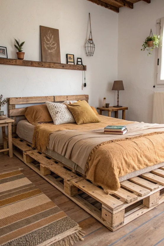 Wakeflow Nordic Solid Pine Wood Pallet Bed Minimalist Platform Floor Frame Natural Finish Solid Wood Double Bed, 122 cm x 92 cm (4.0 ft x 3.02 ft)(Finish Color - beige, Delivery Condition - DIY(Do-It-Yourself))