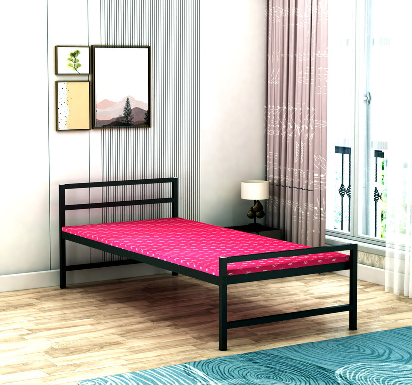 Ziaula ZIAULA Feet Iron Metal Bed With Attached MDF Board and Mattress Metal Single Bed, 186 cm x 92 cm (6.1 ft x 3.02 ft)(Finish Color - Black,  (Mattress Included), Delivery Condition - DIY(Do-It-Yourself))
