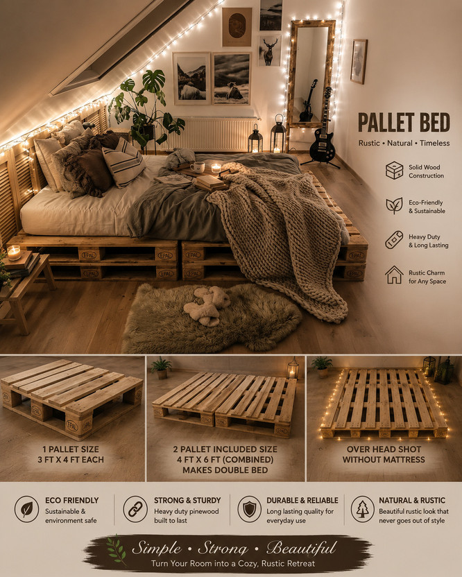 Wakeflow Nordic Solid Pine Wood Pallet Bed Minimalist Platform Floor Frame Natural Finish Solid Wood Double Bed, 122 cm x 92 cm (4.0 ft x 3.02 ft)(Finish Color - beige, Delivery Condition - DIY(Do-It-Yourself))