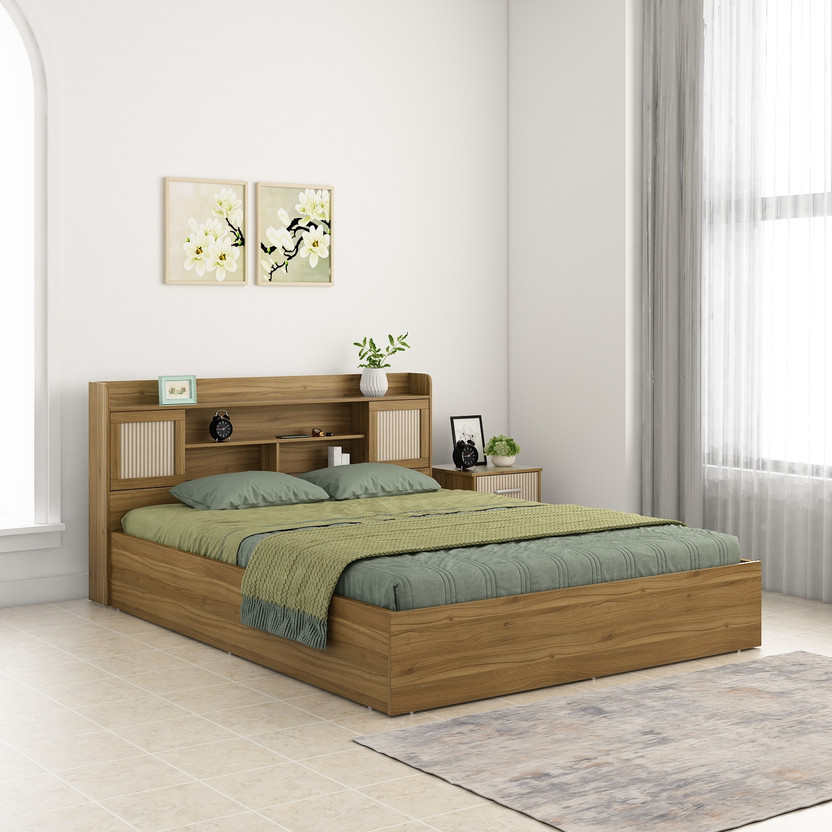 Hometown Diago Engineered Wood Queen Hydraulic, Box Bed, 192 cm x 219 cm (6.3 ft x 7.19 ft)(Finish Color - Natural Teak+Printed Flute, Delivery Condition - Knock Down)