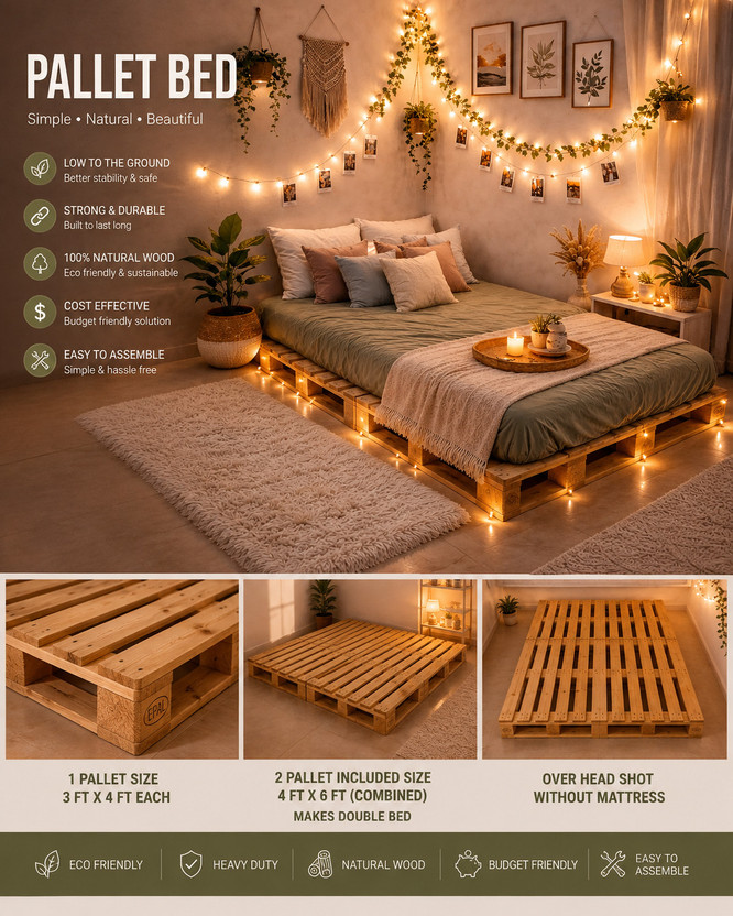 Wakeflow Nordic Solid Pine Wood Pallet Bed Minimalist Platform Floor Frame Natural Finish Solid Wood Double Bed, 122 cm x 92 cm (4.0 ft x 3.02 ft)(Finish Color - beige, Delivery Condition - DIY(Do-It-Yourself))