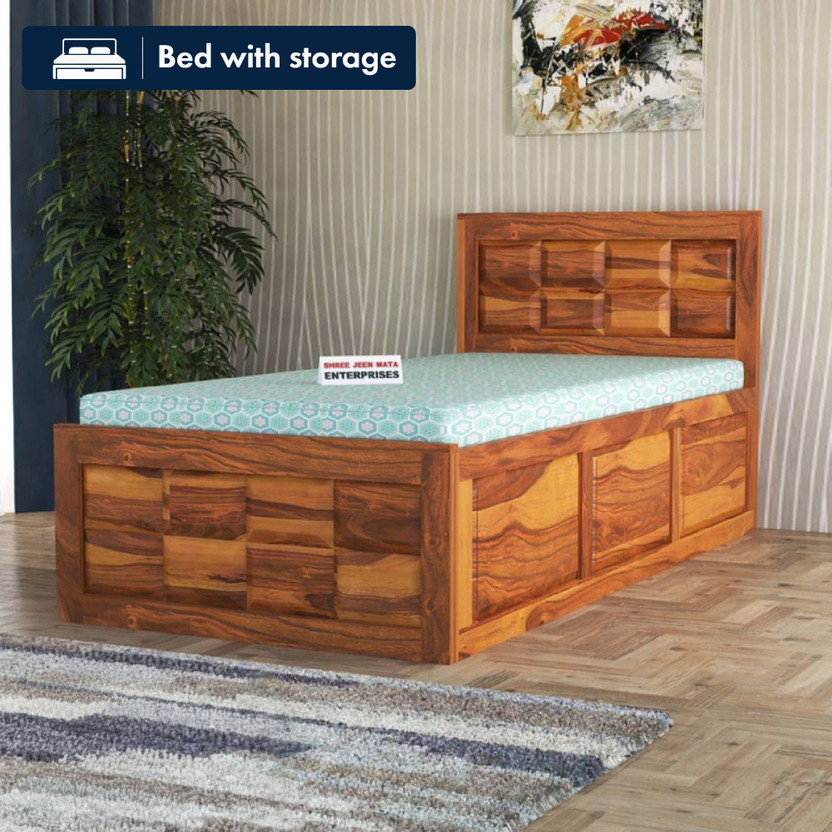 Shree Jeen Mata Enterprises Elite Box Storage Bed/Sheesham Wood Single Bed For Bedroom/Hotel/Living Room Solid Wood Single Box Bed, 203 cm x 96 cm (6.66 ft x 3.15 ft)(Finish Color - Honey Teak Finish, Delivery Condition - DIY(Do-It-Yourself))