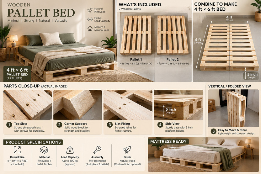 The lkea Solid Pine Wood Pallet Double Bed 4×6 Ft Wooden Bed Frame Modern Rustic bed Engineered Wood Double Bed, 91 cm x 91 cm (2.99 ft x 2.99 ft)(Finish Color - lkea brown, Delivery Condition - DIY(Do-It-Yourself))