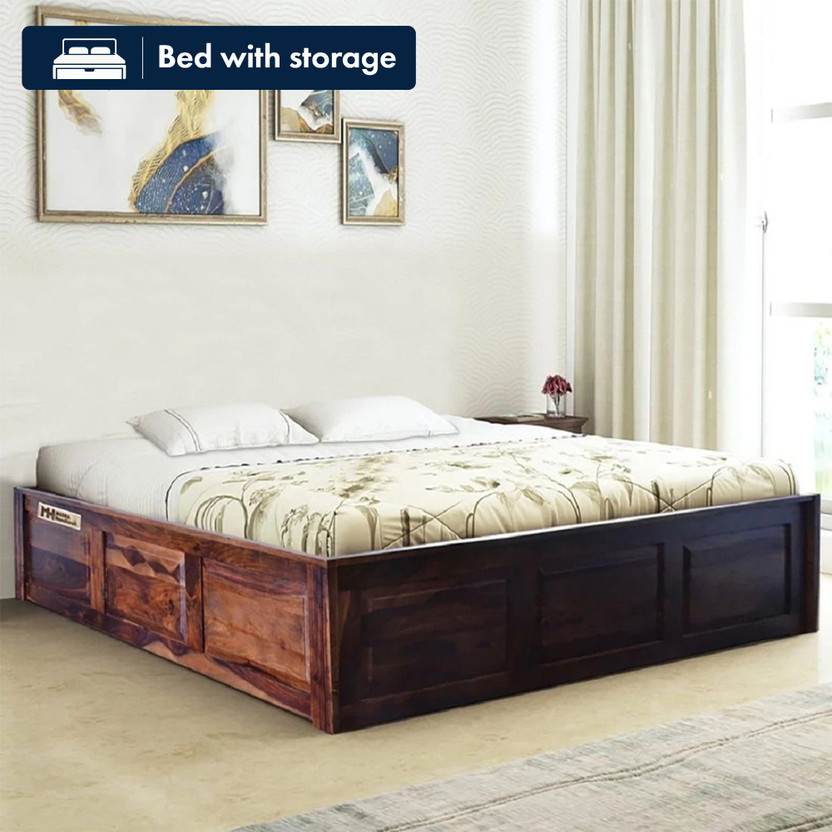 Meera Handicraft Sheesham Solid Wood King Size Bed with Storage for Bedroom Living Room Home Wooden Furniture for Hotel Guest House (Finish :- Natural Brown) Solid Wood King Box Bed, 205.74 cm x 187.96 cm (6.75 ft x 6.17 ft)(Finish Color - Natural Brown, Delivery Condition - DIY(Do-It-Yourself))