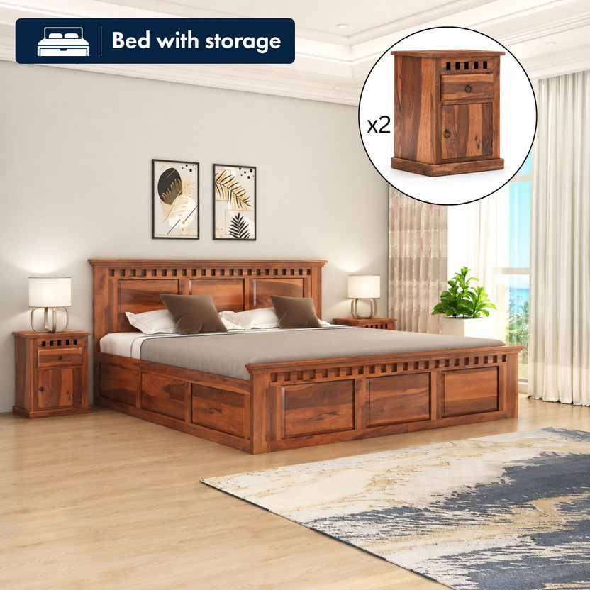 SONA ART & CRAFTS Kuber Sheesham Wood King Size Bed with Storage Box + 2 Bedside Solid Wood King Box Bed, 208 cm x 190 cm (6.82 ft x 6.23 ft)(Finish Color - Natural Finish_ Box_2 Bedside, Delivery Condition - DIY(Do-It-Yourself))