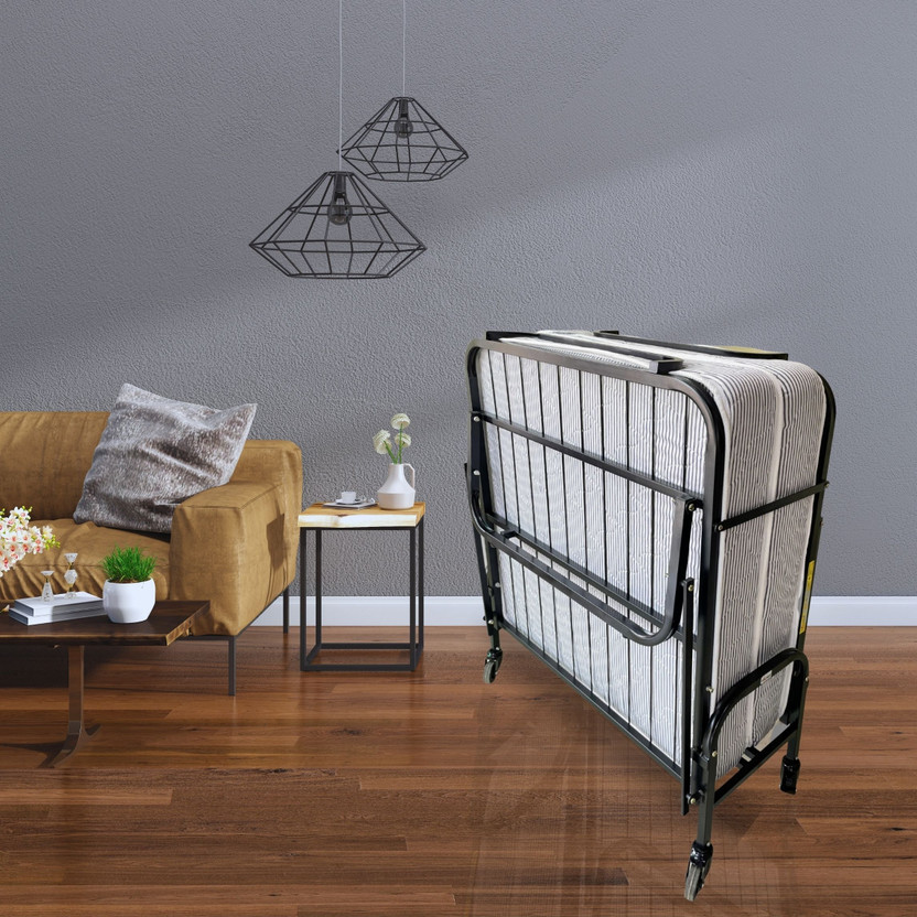 Palmen Vento Folding Rollaway with 6 inches Foam Mattress Metal Single Bed, 190 cm x 91 cm (6.23 ft x 2.99 ft)(Finish Color - Black Matte,  (Mattress Included), Delivery Condition - Pre-assembled)