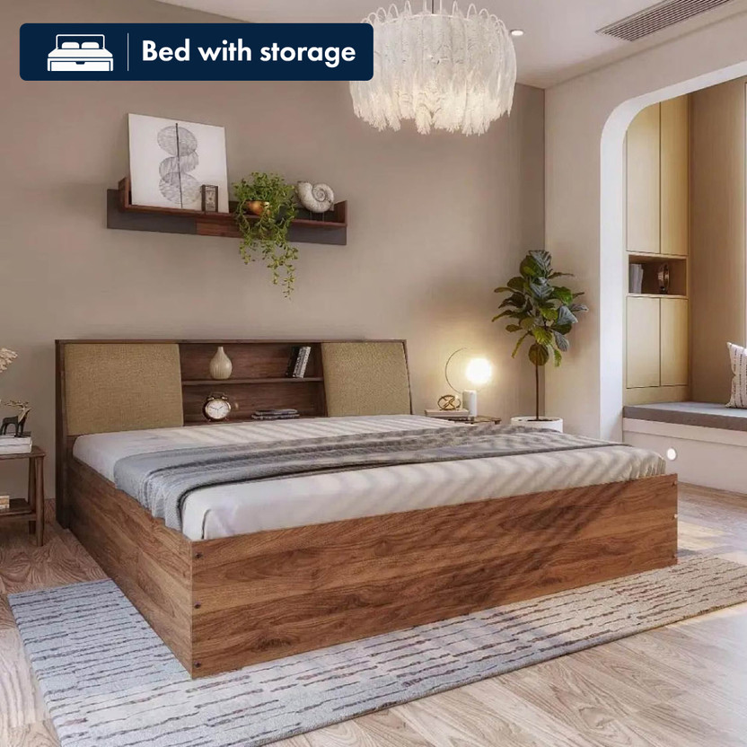 Wakefit Engineered Wood Queen Box Bed, 223 cm x 160.5 cm (7.32 ft x 5.27 ft)(Finish Color - Bed (Columbian Walnut), Upholstery (Omega Pearl), Delivery Condition - Knock Down)