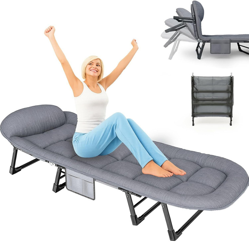 yorten Folding Camping Cot Position Adjustable Backrest &Side Pocket for Home,Office Metal Single Box Bed, 178 cm x 69 cm (5.84 ft x 2.26 ft)(Finish Color - grey, Delivery Condition - Pre-assembled)