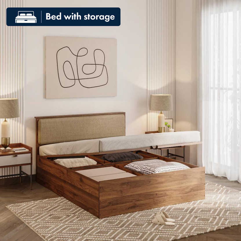 Wakefit Taurus Engineered Wood Queen Hydraulic Bed, 210 cm x 160 cm (6.89 ft x 5.25 ft)(Finish Color - Bed (Columbian Walnut), Upholstery (Omega Pearl), Hydraulic Storage, Delivery Condition - Knock Down)