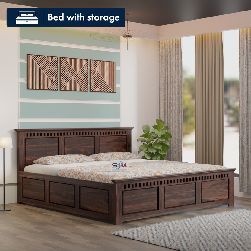 Shree Jeen Mata Enterprises Kuber Sheesham Wood King Size Box Storage Bed For Bedroom/ Living Room/ Hotel | Solid Wood King Box Bed, 205.74 cm x 187.96 cm (6.75 ft x 6.17 ft)(Finish Color - Walnut Finish, Delivery Condition - DIY(Do-It-Yourself))
