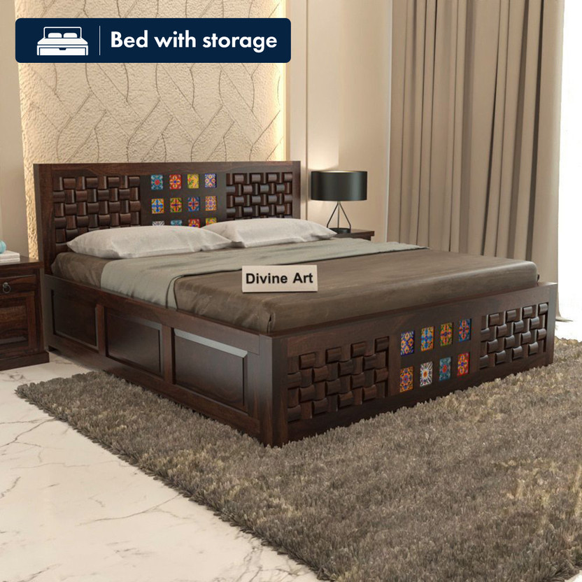 Divine Arts Solid Sheesham Wood King Size For Bedroom/ Hotel | Solid Wood King Box Bed Solid Wood King Box Bed, 205.74 cm x 190.5 cm (6.75 ft x 6.25 ft)(Finish Color - Walnut, Delivery Condition - DIY(Do-It-Yourself))