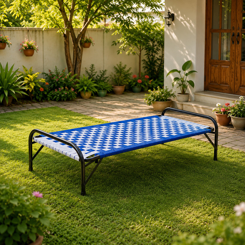Malik Enterprises Folding Cot Bed 6 Feet by 3 Feet | Portable Single Sleeping Cot Metal Frame Blue Metal Single Bed, 90 cm x 60 cm (2.95 ft x 1.97 ft)(Finish Color - Blue 2, Delivery Condition - Pre-assembled)