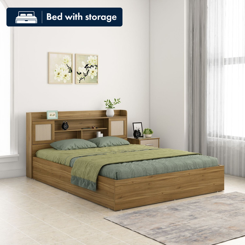 Hometown Diago Engineered Wood King Hydraulic, Box Bed, 192 cm x 219 cm (6.3 ft x 7.19 ft)(Finish Color - Natural Teak+Printed Flute, Delivery Condition - Knock Down)