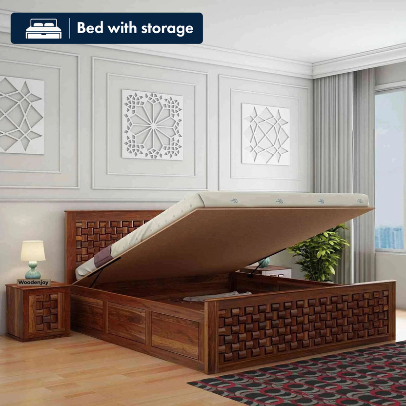 WOODENJOY Sheesham Wood Queen Bed/Wooden Bed With Hydraulic Storage/Wooden Palaung Solid Wood Queen Hydraulic Bed, 204.47 cm x 158.75 cm (6.71 ft x 5.21 ft)(Finish Color - Natural-1, Delivery Condition - DIY(Do-It-Yourself))