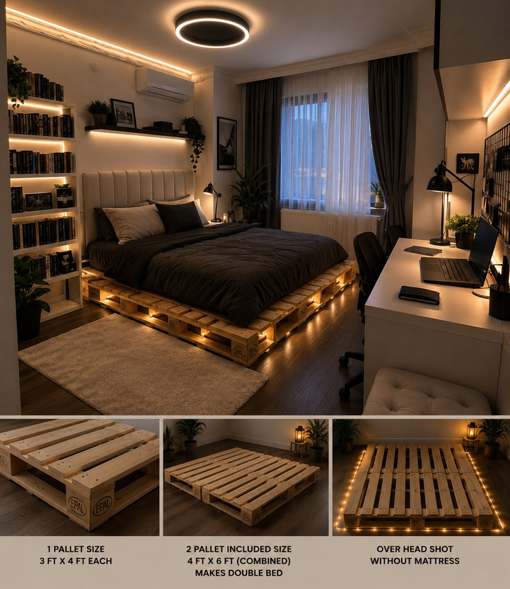 Wakeflow Nordic Solid Pine Wood Pallet Bed Minimalist Platform Floor Frame Natural Finish Solid Wood Double Bed, 122 cm x 92 cm (4.0 ft x 3.02 ft)(Finish Color - beige, Delivery Condition - DIY(Do-It-Yourself))