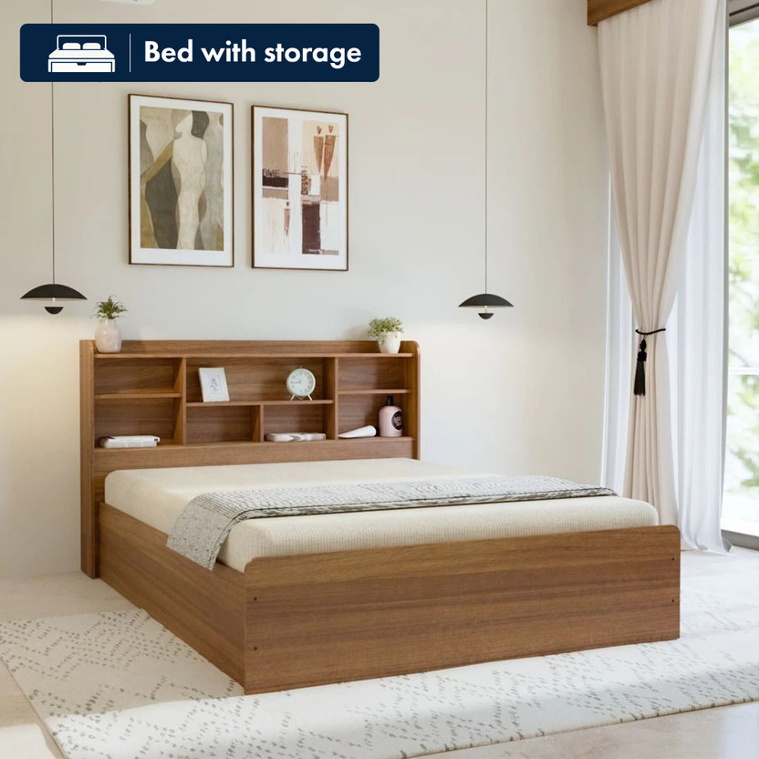 neuspace Sydney Engineered Wood King Box Bed, 221 cm x 194 cm (7.25 ft x 6.36 ft)(Finish Color - Leon Teak, Delivery Condition - Knock Down)