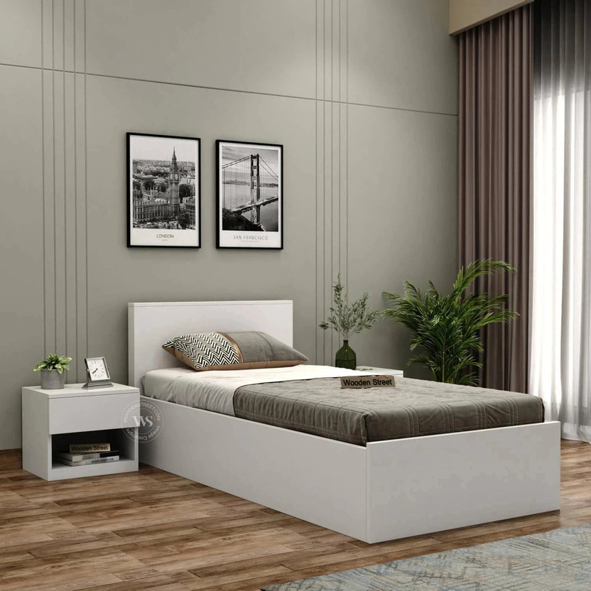 Wooden Street Harper Single Bed Premium Engineered Wood, Frosty White Finish Engineered Wood Single Box Bed, 208.3 cm x 96.5 cm (6.83 ft x 3.17 ft)(Finish Color - Frosty White Finish, Delivery Condition - Knock Down)