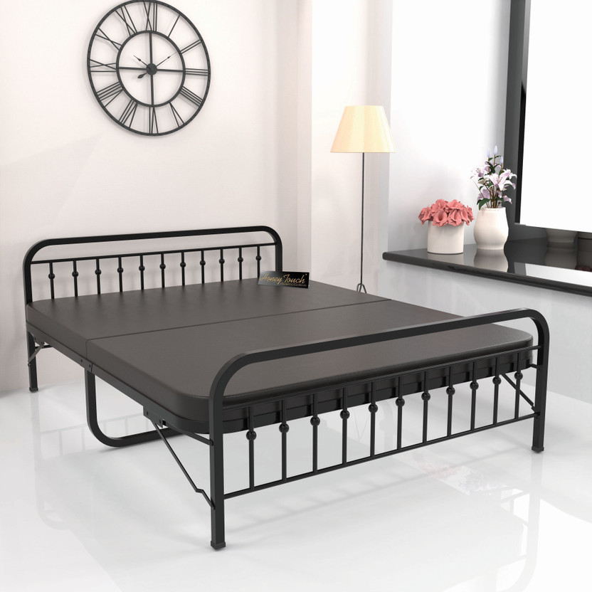 HoneyTouch Nova Folding Double Bed with Mattress | No Assembly Required | (4x6.25ft Black) Metal Double Bed, 198 cm x 121 cm (6.5 ft x 3.97 ft)(Finish Color - Black,  (Mattress Included), Delivery Condition - Pre-assembled)