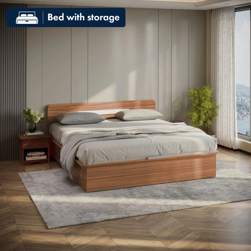 Interio by Godrej Juno Engineered Wood Queen Box Bed, 204 cm x 152.4 cm (6.69 ft x 5.0 ft)(Finish Color - Brown, Delivery Condition - Knock Down)
