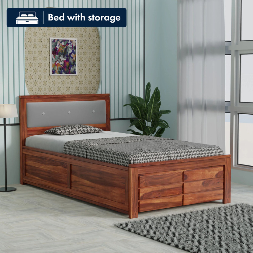 Banshi Solid Wood Single Bed with Headboard for Bedroom Home Furniture Wooden Bed Solid Wood Single Box Bed, 97.79 cm x 190.5 cm (3.21 ft x 6.25 ft)(Finish Color - Honey Finish, Delivery Condition - DIY(Do-It-Yourself))