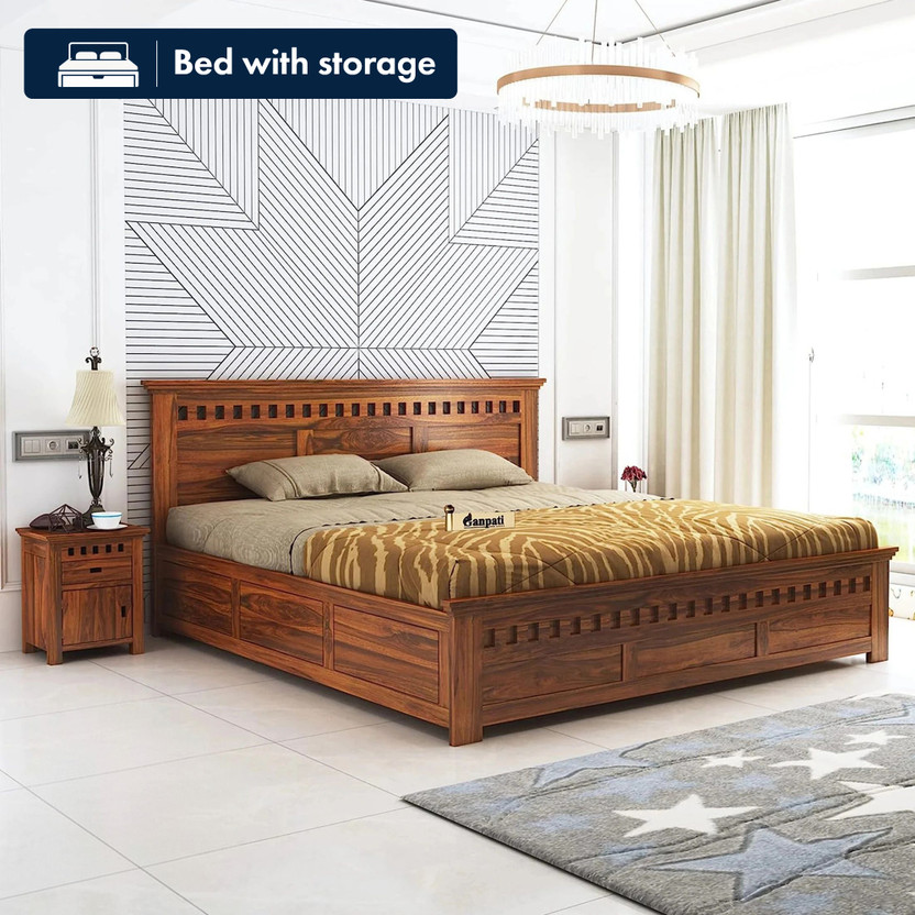 Ganpati Arts Sheesham Wood Bed For Bedroom/Wooden Cot/Palaung/Bed With Box Storage For Home Solid Wood Queen Box Bed, 167.64 cm x 205.74 cm (5.5 ft x 6.75 ft)(Finish Color - Brown, Delivery Condition - DIY(Do-It-Yourself))