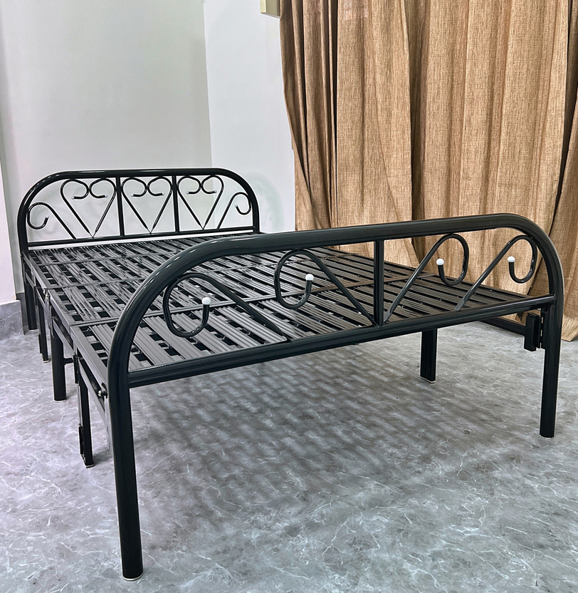 Sahni Portable furniture double metal folding bed for sleeping (powder coated) Metal Double Bed, 188 cm x 122 cm (6.17 ft x 4.0 ft)(Finish Color - Glossy Black, Delivery Condition - Pre-assembled)