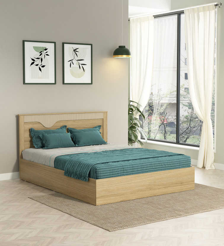 SPACEWOOD RIVOLLA Engineered Wood Queen Hydraulic Bed, 205 cm x 158.4 cm (6.73 ft x 5.2 ft)(Finish Color - SANTANA OAK & BAMBOO FLUTE, Delivery Condition - Knock Down)