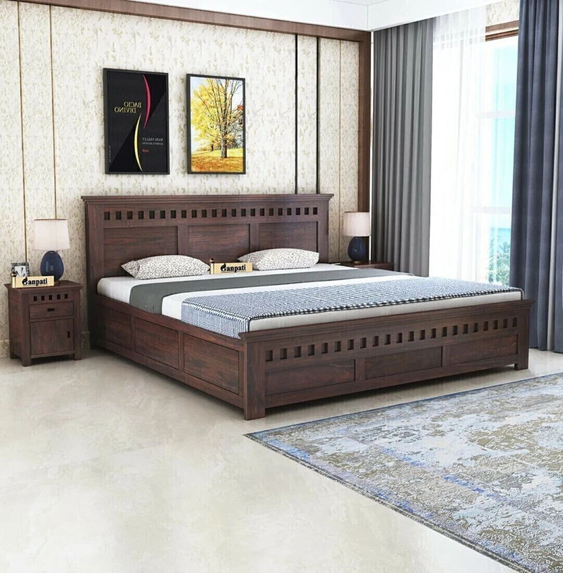 Ganpati Arts Sheesham Wood Armania King Size Bed with Hydraulic Storage for Bedroom Solid Wood King Hydraulic Bed, 208.788 cm x 198.12 cm (6.85 ft x 6.5 ft)(Finish Color - Walnut-HYD, Delivery Condition - DIY(Do-It-Yourself))