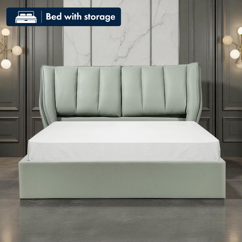 THE ATTIC The Attic Rivera Modern Queen Hydraulic Storage Bed & Soft Cushion Headboard Solid Wood Queen Hydraulic Bed, 226 cm x 168 cm (7.41 ft x 5.51 ft)(Finish Color - Sage Green, Delivery Condition - DIY(Do-It-Yourself))