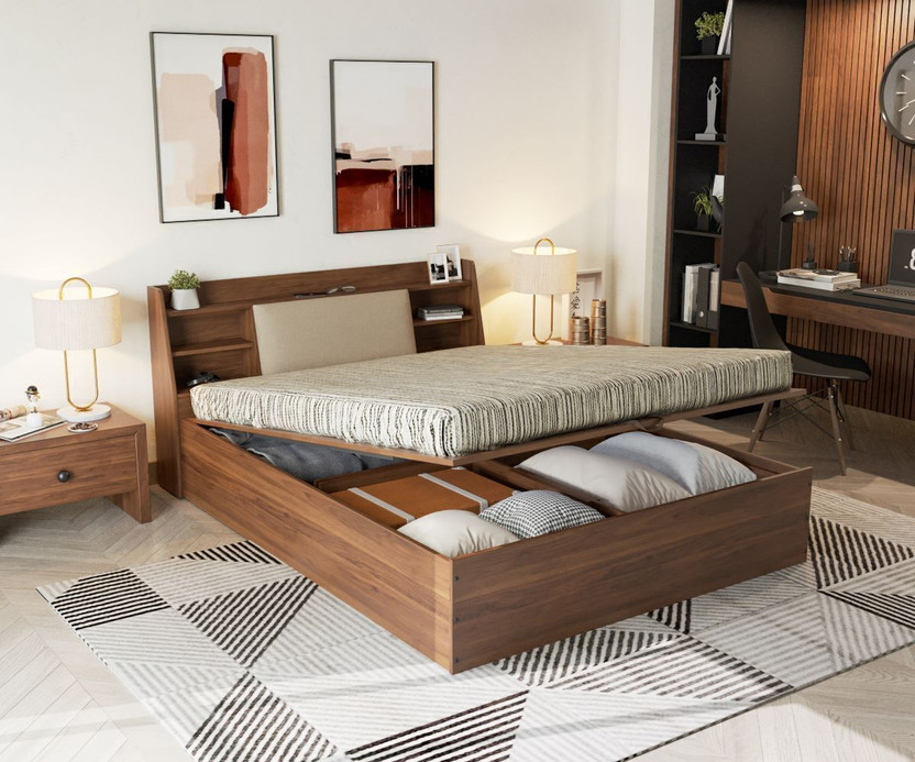 Wakefit Leo Engineered Wood Queen Hydraulic Bed, 223 cm x 160 cm (7.32 ft x 5.25 ft)(Finish Color - Bed (Columbian Walnut), Upholstery (Omega Pearl), Hydraulic Storage, Delivery Condition - Knock Down)